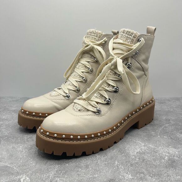 Steve Madden Cream Leather Rainier Platform Boot Size 8.5 M Pearl Accent Lace Up - Picture 1 of 12